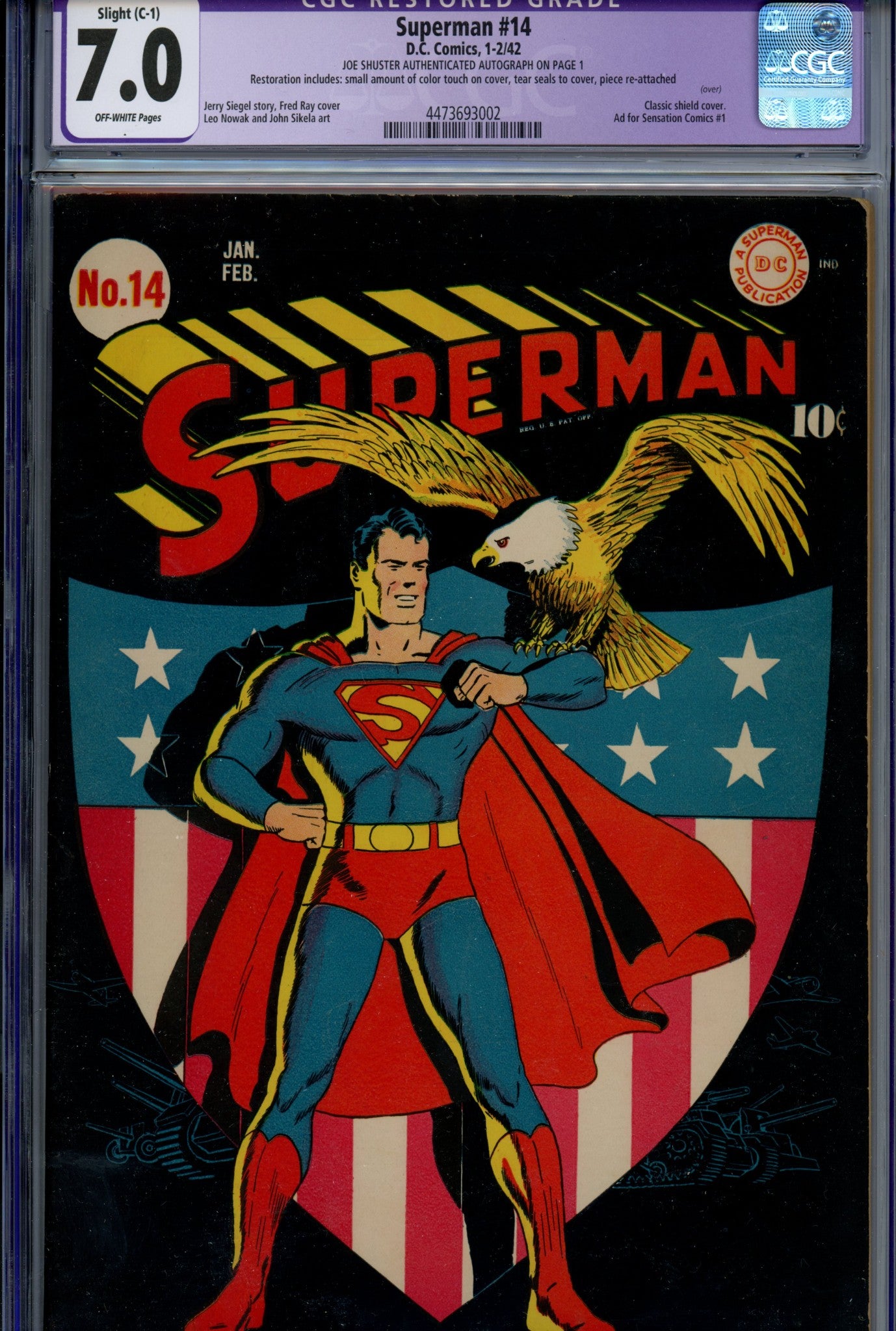 Superman Vol 1 14 CGC 7.0 (FN/VF) Restored (1942) Signed x1 1st Page Joe Shuster 