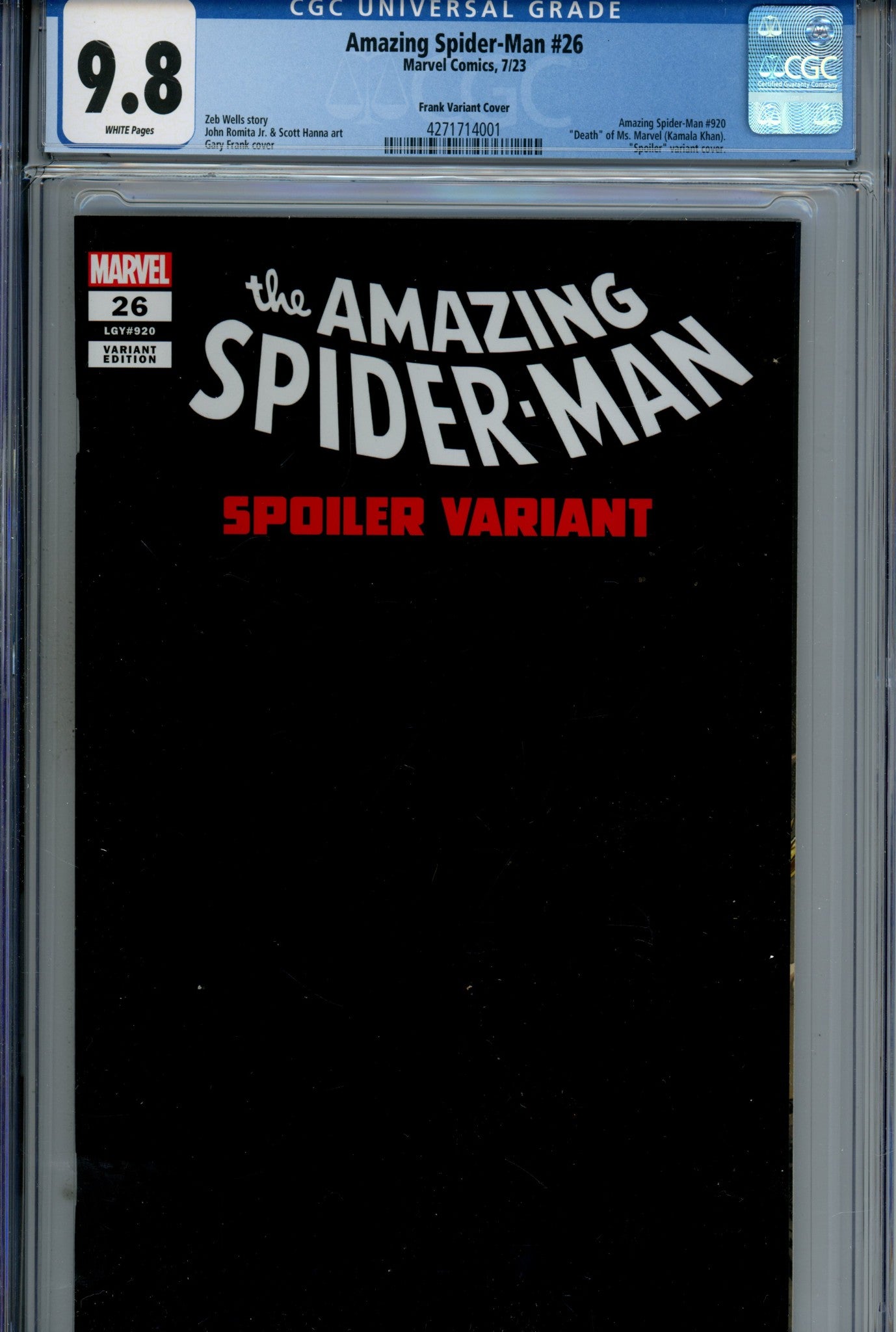 Amazing Spider-Man Vol 6 26 Frank Spoiler Variant 9.8 (2023)