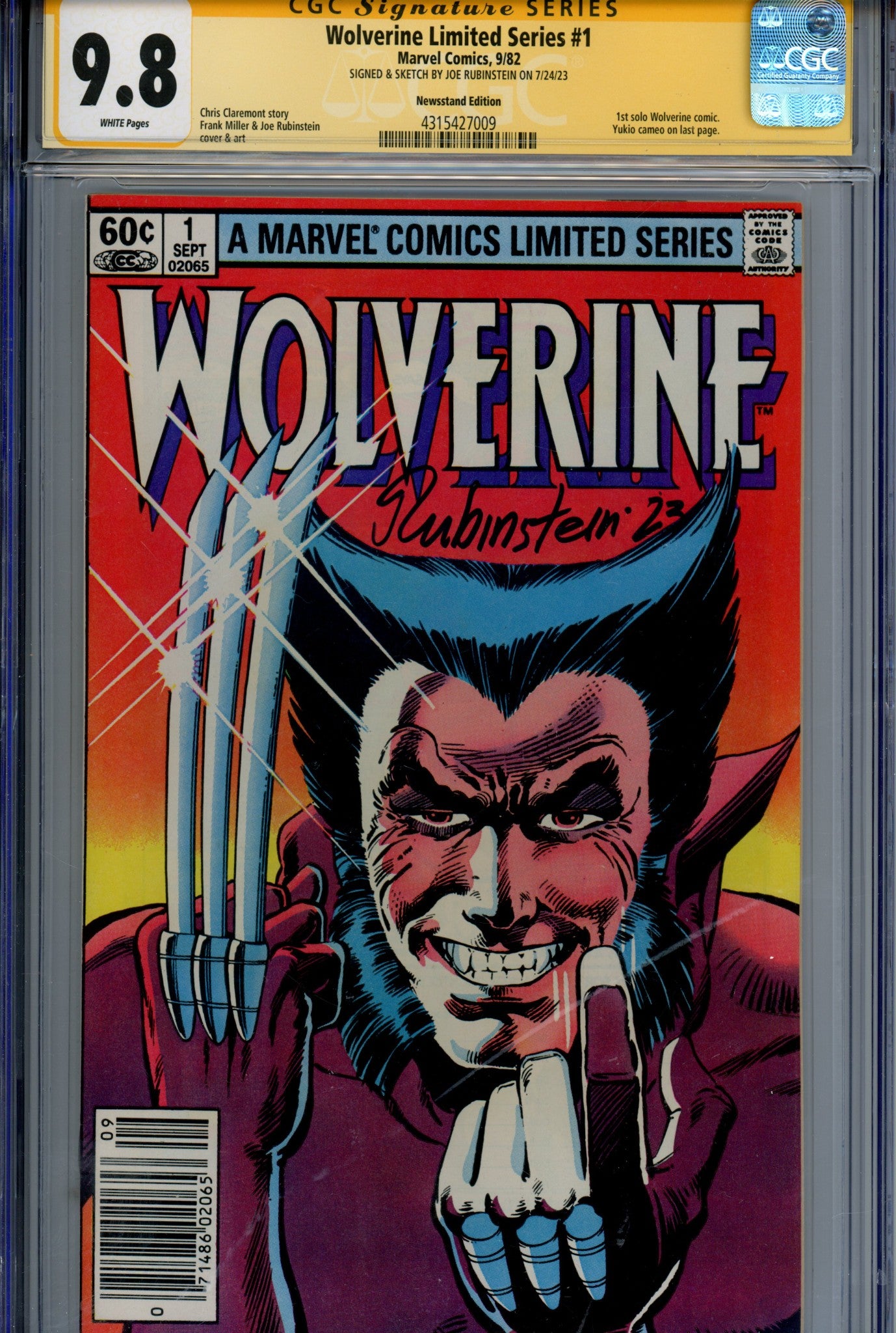 Wolverine Vol 1 1 Newsstand CGC 9.8 Signed Joe Rubinstein (1982)